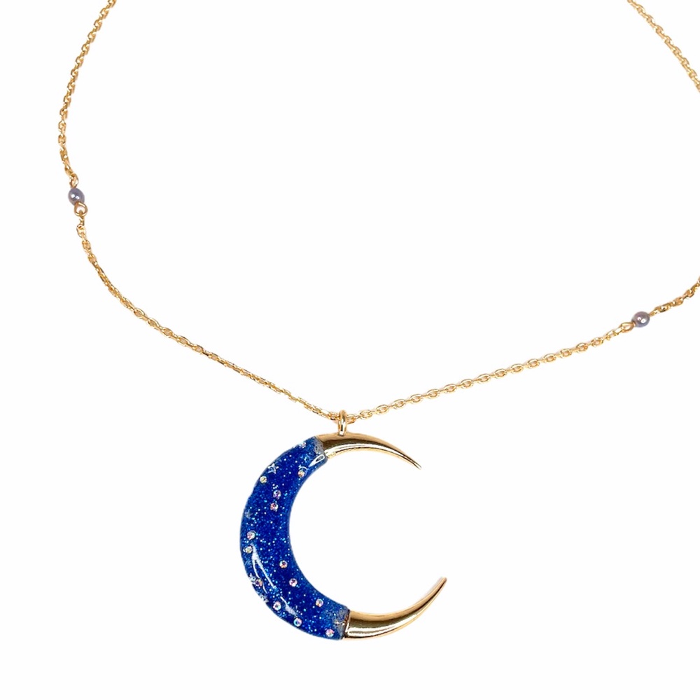 Betsey Johnson Moon Necklace, Blue, Gold Tone